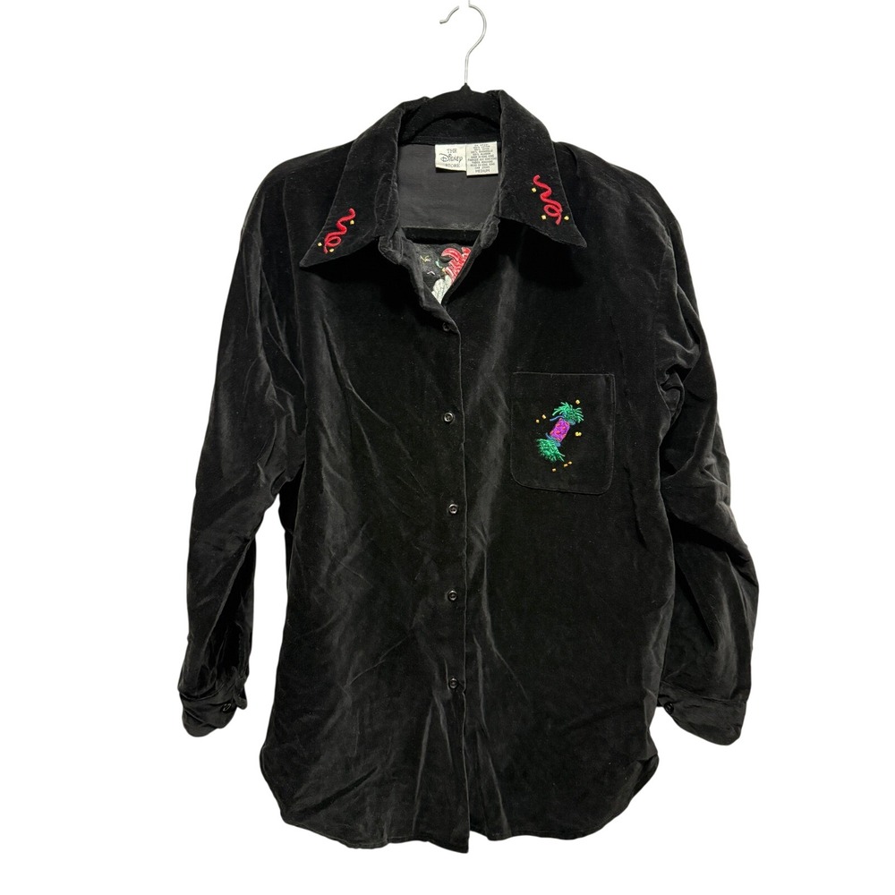 Vintage 90s Disney‎ Black Velvet Mickey Mouse Friends Embroidered Button Shirt M